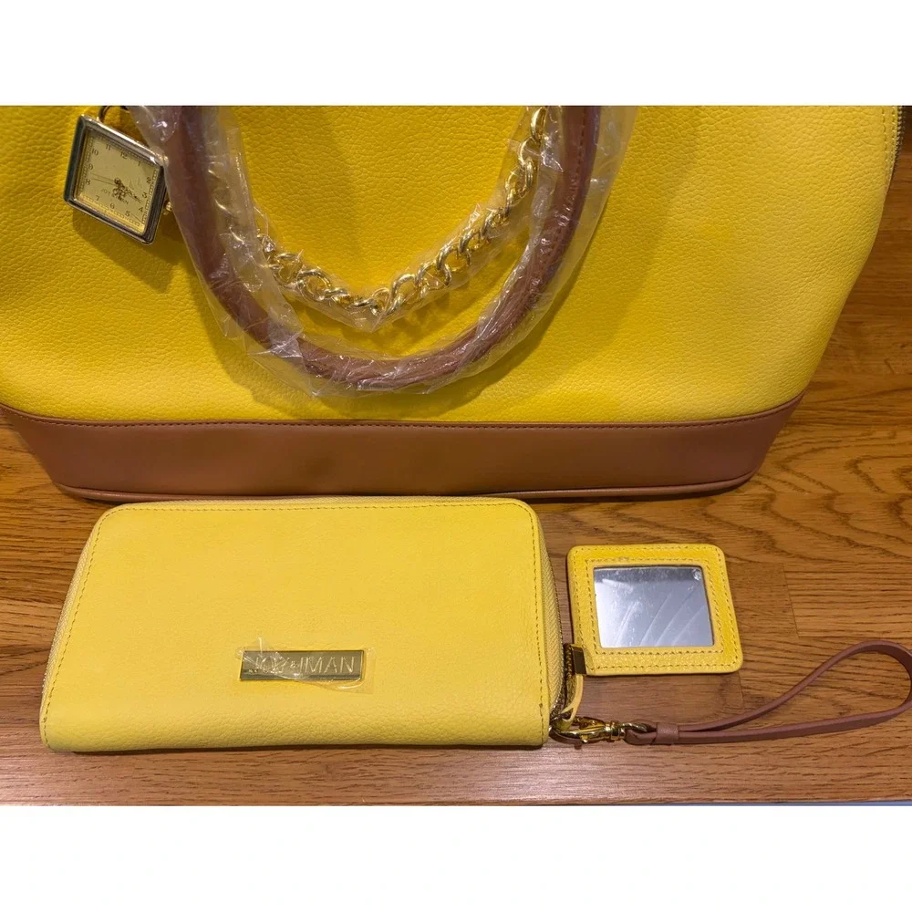 Joy & Iman Yellow Tan Split Leather Satchel Handbag Set with Wallet and Clock